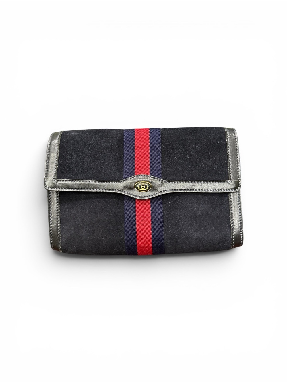 Vintage Gucci Accessory Collection Navy Suede Web Stripe Clutch Italy 70s / 80s